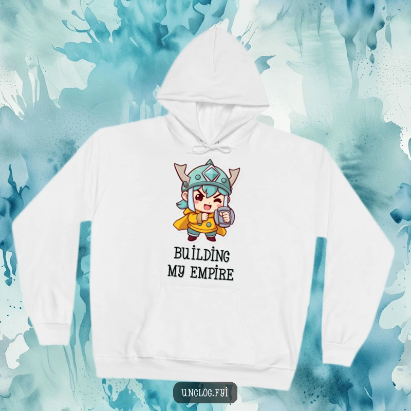 Funny Hoodie with a cheerful character determinedly tightening a bolt, radiating focus and a can-do spirit.