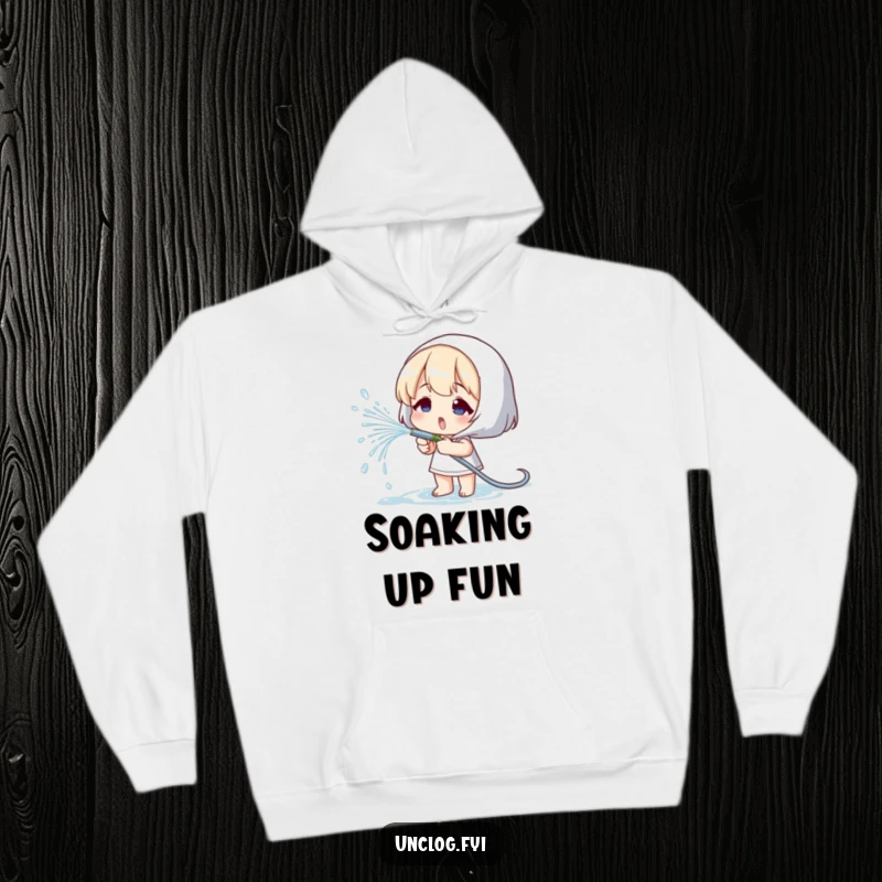 Funny hoodie design of a character playfully spraying water from a small hose, perfect for cozy garden days.