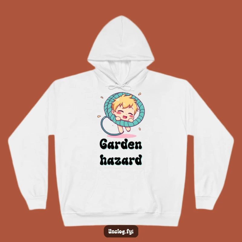 Funny Hosepipe Karma Hoodie: Comical Character Caught in Garden Chaos Gift