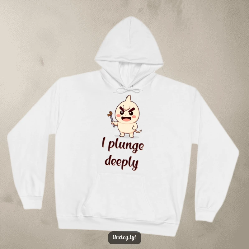 Funny Kawaii hoodie with a character holding a plunger with a determined grin, perfect for cozy problem-solving.