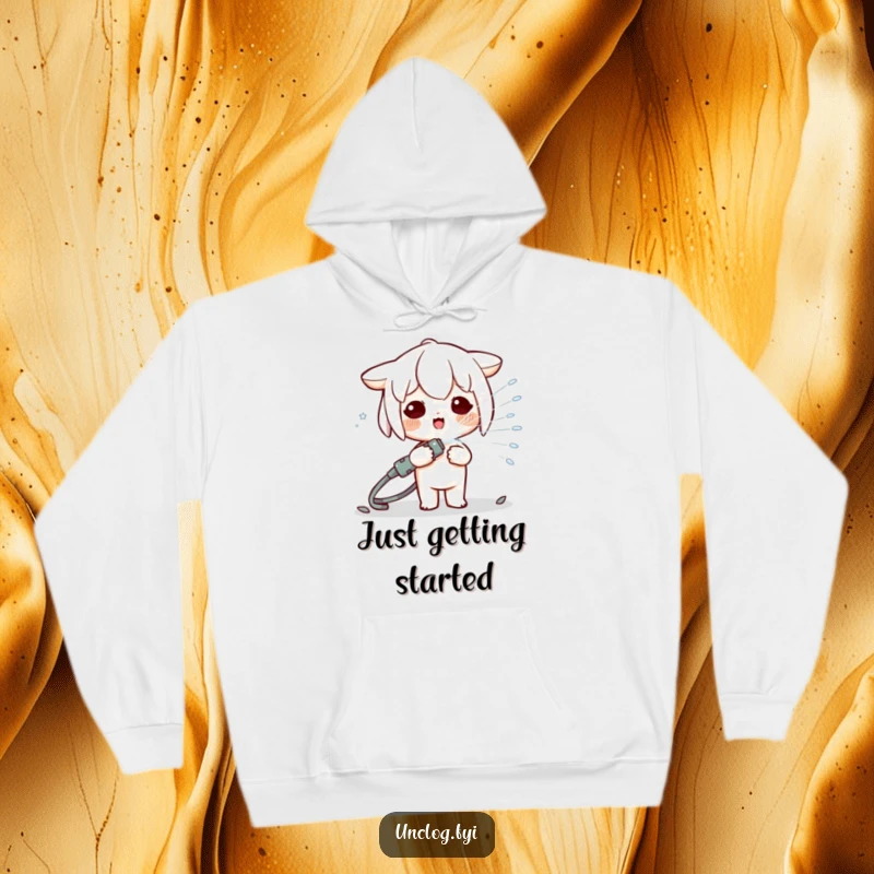 Funny Kawaii character playfully spraying water with a hose, featured on a cozy hoodie, perfect for adding humor to your day.