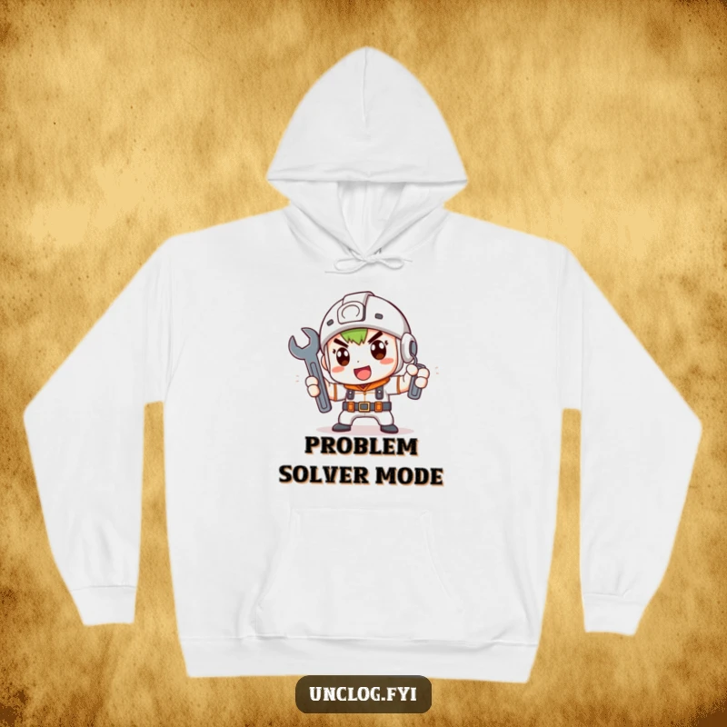 Funny Hoodie depicting a cute character determinedly holding a wrench, great for a funny gift.