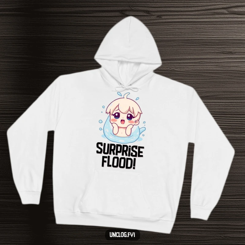 Funny hoodie featuring a character with a surprised smile looking at overflowing water, symbolizing a comical mishap with warmth.