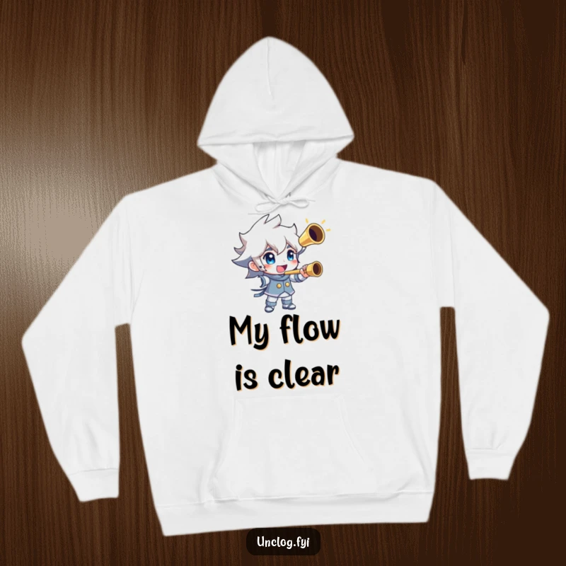 Funny hoodie print of a triumphant character holding a shiny, perfectly clear pipe. Symbolizes plumbing skill and success. Warm and humorous.