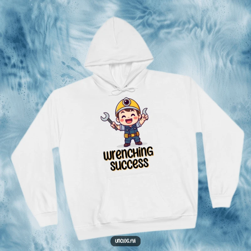 Funny hoodie featuring a character in a victory dance pose, holding a wrench, radiating accomplishment.