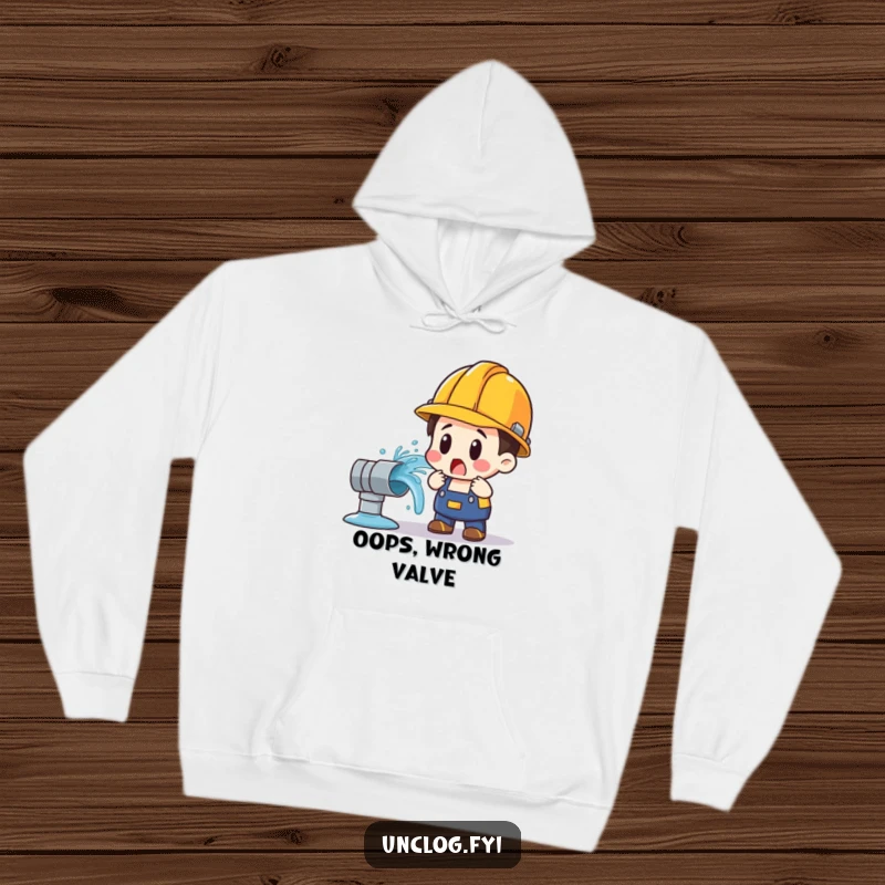 Funny hoodie showing a character in a hard hat looking shocked as a water pipe bursts spraying water everywhere.
