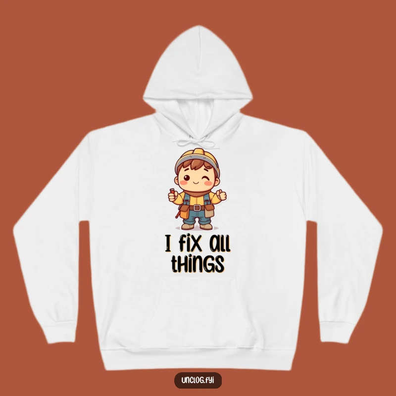 Cozy Funny Kawaii Fixer Hoodie: Smiling Character with Tool Belt, Warm Gift