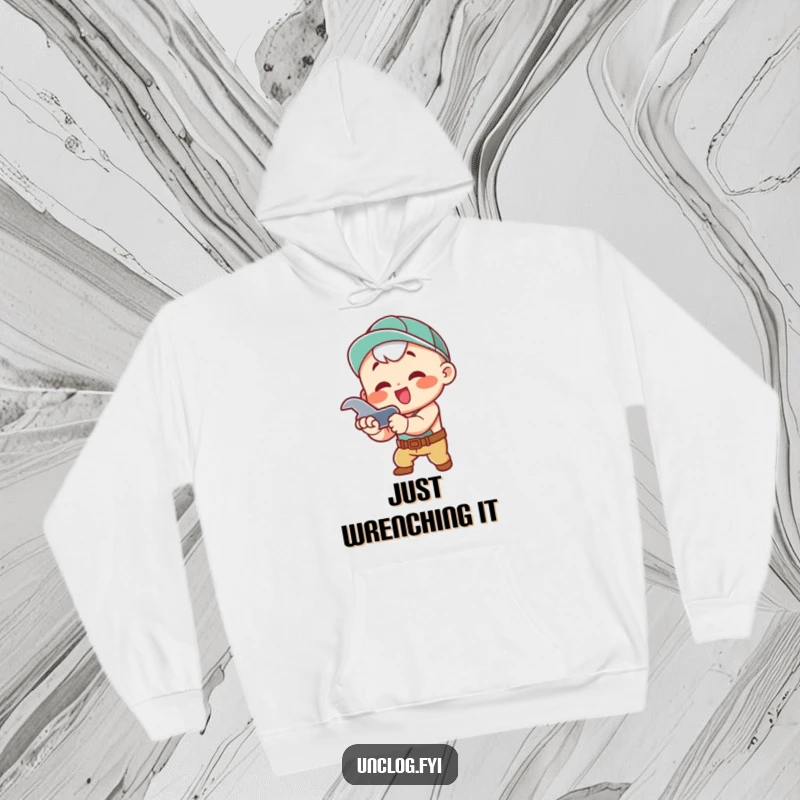 Funny Kawaii hoodie depicting a character enthusiastically tightening a pipe with a wrench, ideal for warm, humorous wear.