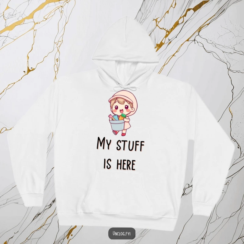 Funny Kawaii hoodie with a character happily carrying a bucket of supplies, perfect for cozy and cheerful wear.
