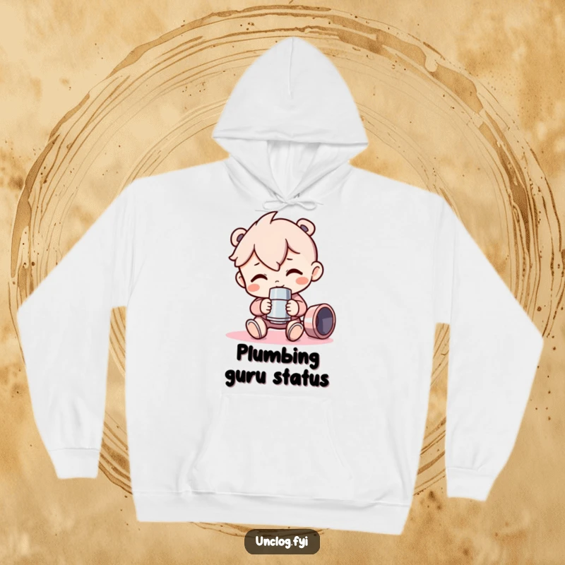 Funny Hoodie depicting a character joyfully holding a shiny pipe fitting, radiating pride in craftsmanship and a love for mechanical parts.