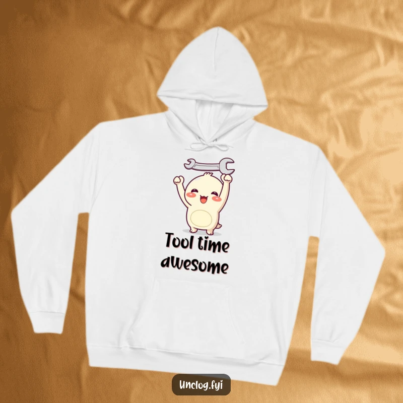 Funny Kawaii hoodie featuring a joyful character holding a wrench overhead, offering warmth and a cute, empowering message.
