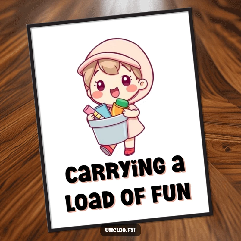 Funny Free Printable Kawaii Helper Wall Art, character happily carrying bucket of supplies, DIY spirit, downloadable decor.
