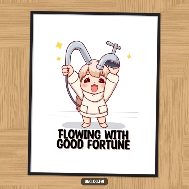 Funny Free Printable Wall Art DIY: Character triumphantly holding a shiny new faucet, comedic decor.