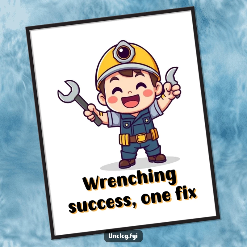 Funny Free Printable Wall Art: A character joyfully performs a victory dance, triumphantly shaking a wrench in celebration.