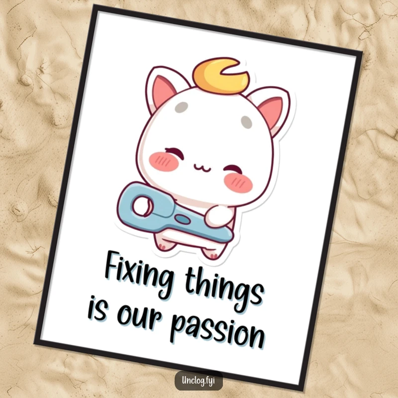 Funny Free Printable Wall Art: A character with a playful wink holds out a shiny repair tool, adding workshop charm.