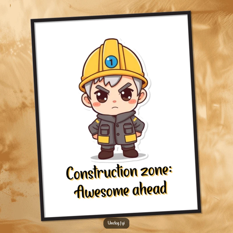 Funny Free Printable Wall Art: Character donning a small hard hat, with a determined expression, ready to build dreams. Downloadable.