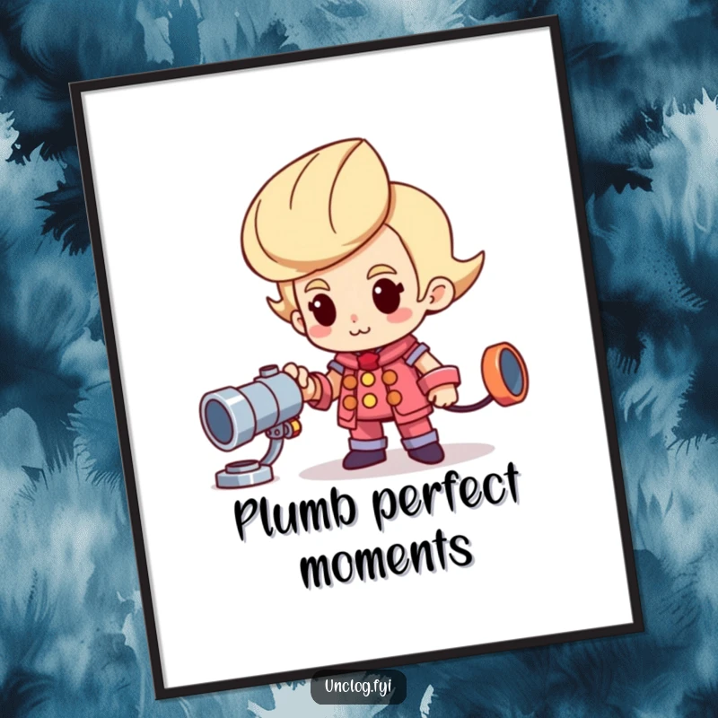 Funny Free Printable Wall Art: Joyful character stands proudly next to a shiny new pipe, radiating accomplishment.