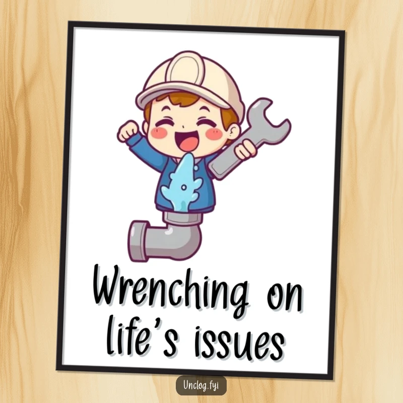 Funny Free Printable Wall Art: Cute character gleefully holding a wrench above a gushing pipe icon, humorous decor.