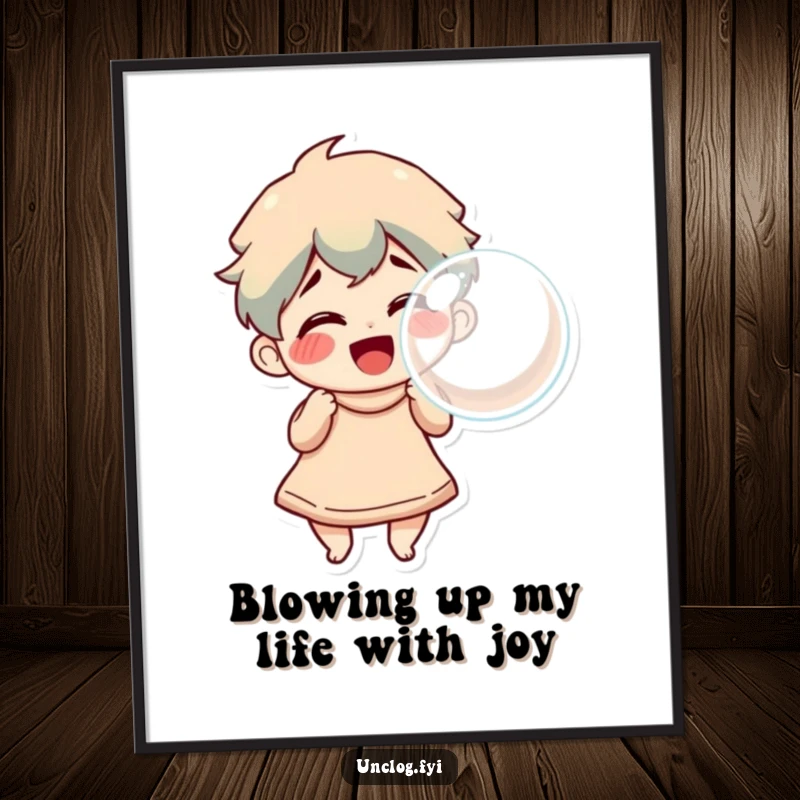 Funny Free Printable Wall Art: Character smiling brightly while blowing a large, triumphant bubble, radiating happiness, downloadable decor.