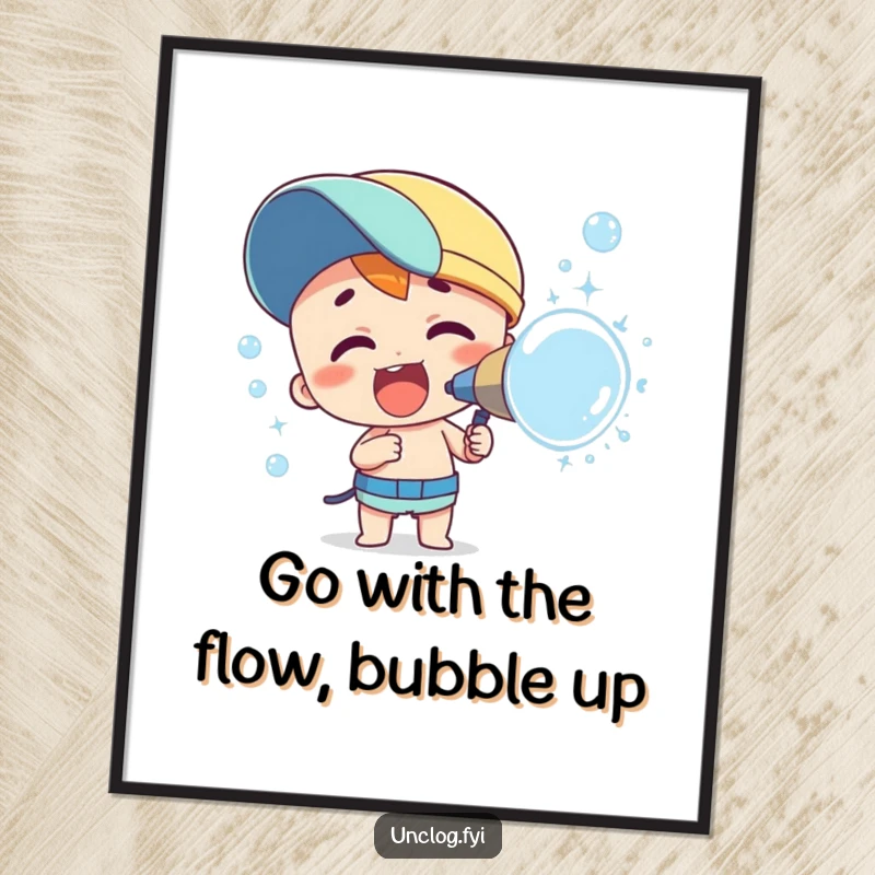 Free Printable Wall Art: Character enthusiastically spraying bubbles from a nozzle, creating a joyful atmosphere, downloadable art.