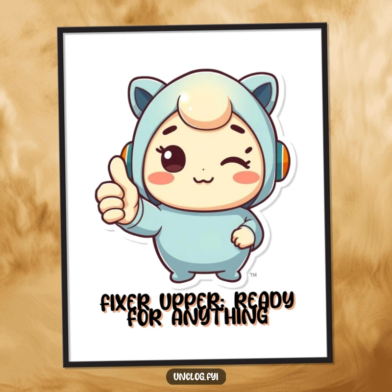 Funny Free Printable Wall Art: Adorable character giving a confident thumbs up, celebrating a successful fix, perfect for modern decor.