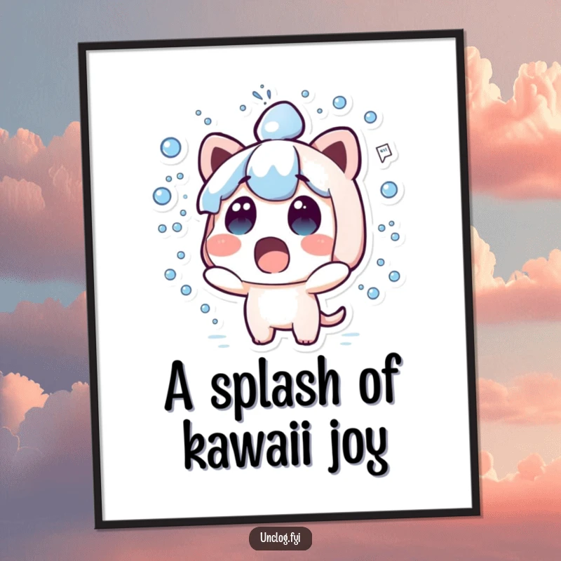 Funny free printable wall art of a cute kawaii character looking utterly surprised by a huge, dynamic spray of water.
