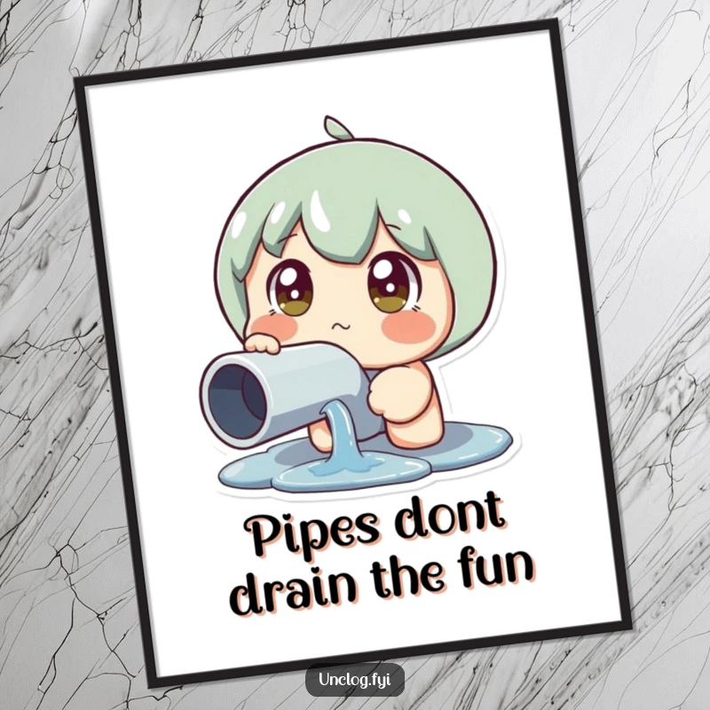 Funny Free Printable Wall Art: a character with wide eyes staring at a dripping leaky pipe, a humorous and relatable scene for decor.