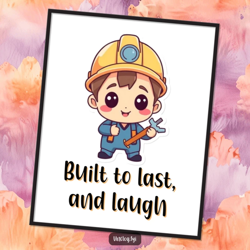 Funny Free Printable Wall Art: Character wearing a hard hat, looking extremely pleased with a successful repair, embodying DIY spirit, downloadable decor.