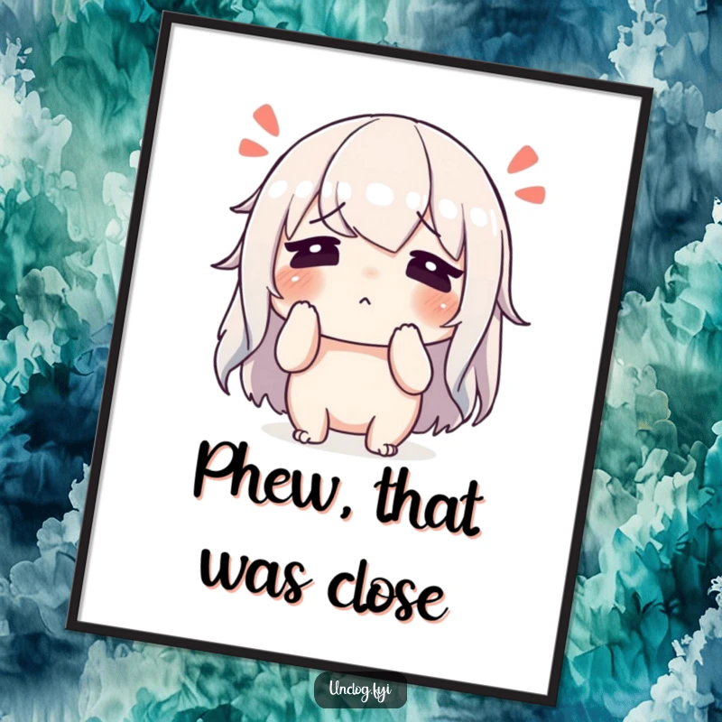 Funny Free Printable Wall Art: Character wiping sweat from brow with a deep, relieved sigh. Humorous downloadable decor.