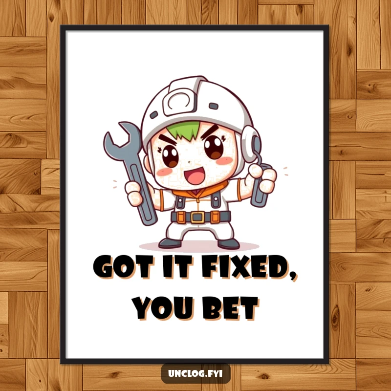 Funny Free Printable Wall Art: A cute character excitedly holds a wrench with a determined expression, perfect for workshop art.