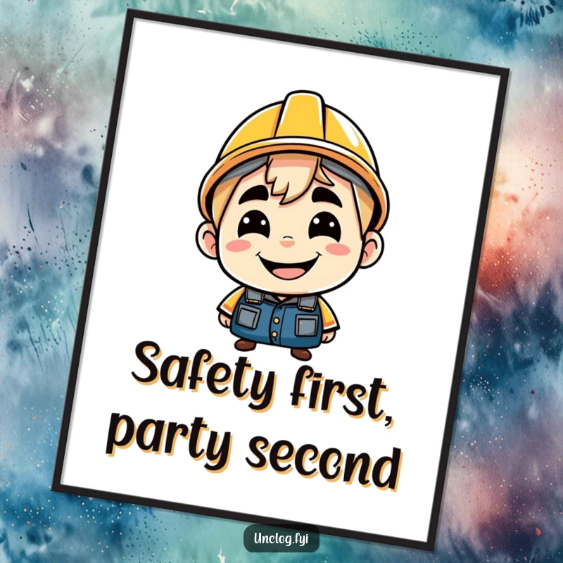 Free Printable Wall Art: Character with a cheeky grin, wearing a hard hat backwards, exuding confidence and fun, downloadable art.
