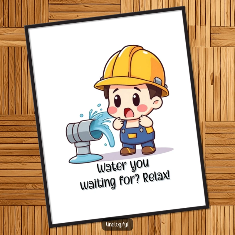 Funny free printable wall art depicting a character in a hard hat surprised by a bursting, gushing water pipe.