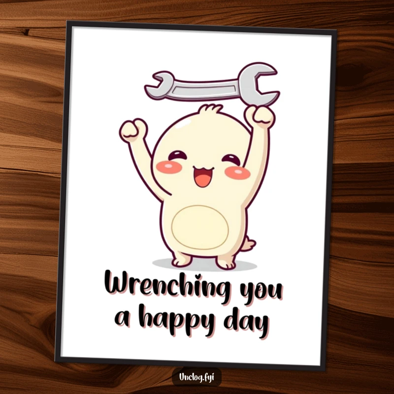 Funny free printable wall art: Adorable Kawaii character with a wide smile, joyfully holding a shiny wrench over its head.