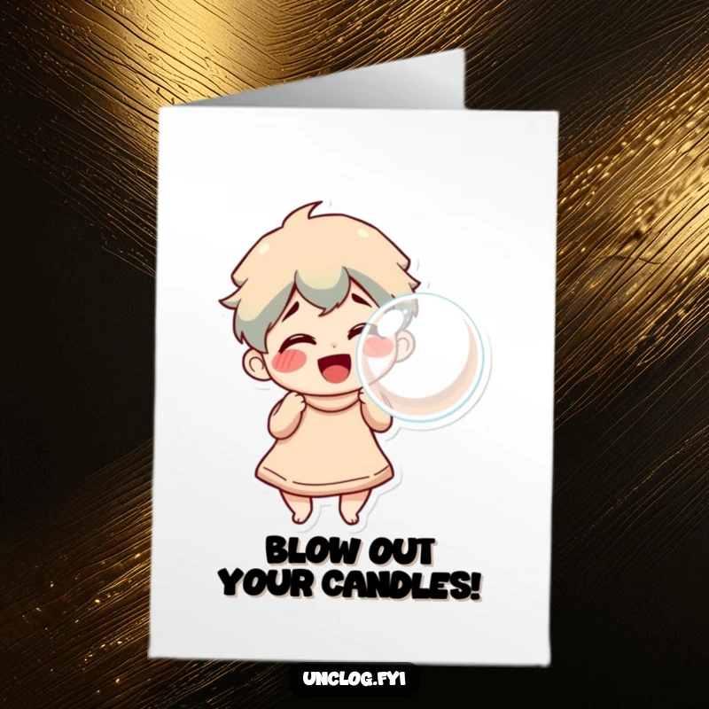 Funny Free Printable Birthday Card: Character smiling while blowing a large, triumphant bubble, celebrating birthday cheer, downloadable.