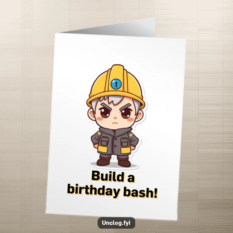 Funny Free Printable Birthday Card: Character wears a small hard hat, eyes fixed forward with determination. Ready to build fun.