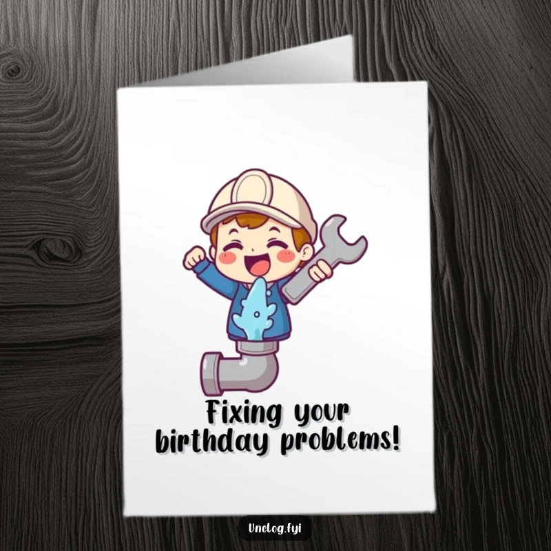 Funny Free Printable Birthday Card: Cute character happily holding a wrench above a gushing pipe, ready to fix things.