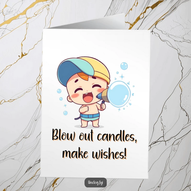 Free Printable Birthday Card: Character enthusiastically spraying colorful bubbles from a nozzle, spreading joy, a downloadable greeting.