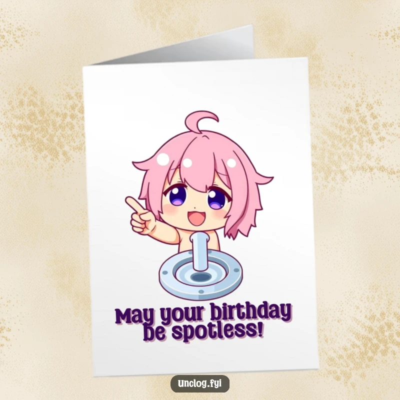 Funny Free Printable Birthday Card: Character beams with pride, pointing to a gleaming, perfectly clean drain. Humorous downloadable.