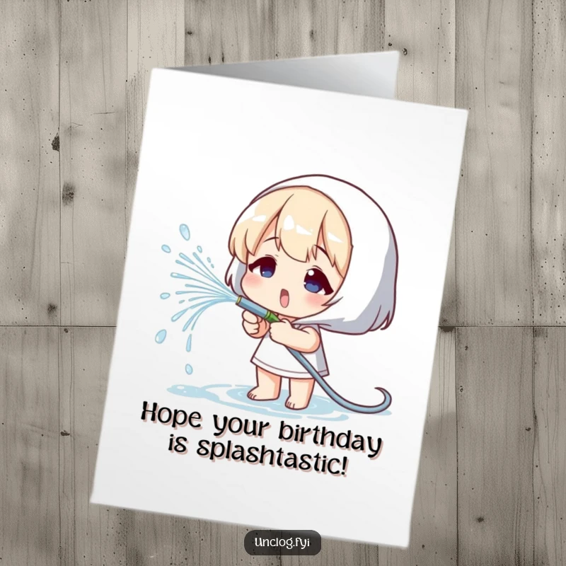 Funny Free Printable Birthday Card DIY: Cheerful character spraying water from a hose, celebratory fun, gift.