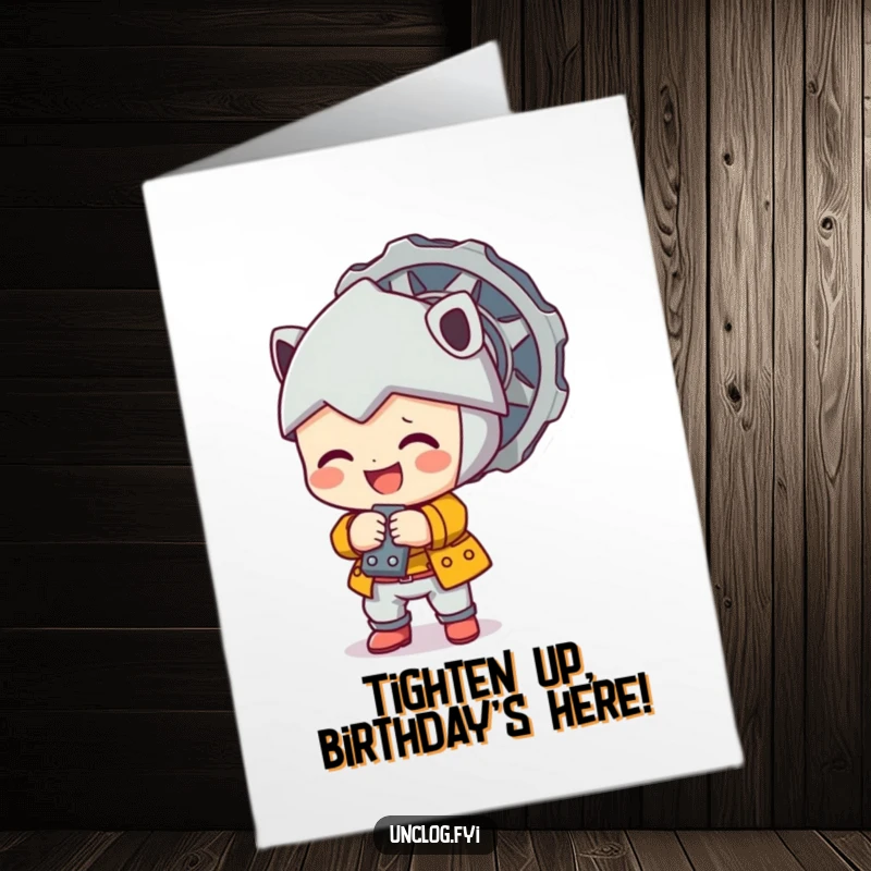 Cute Free Printable Birthday Card featuring a cheerful character happily tightening a large bolt with focus.