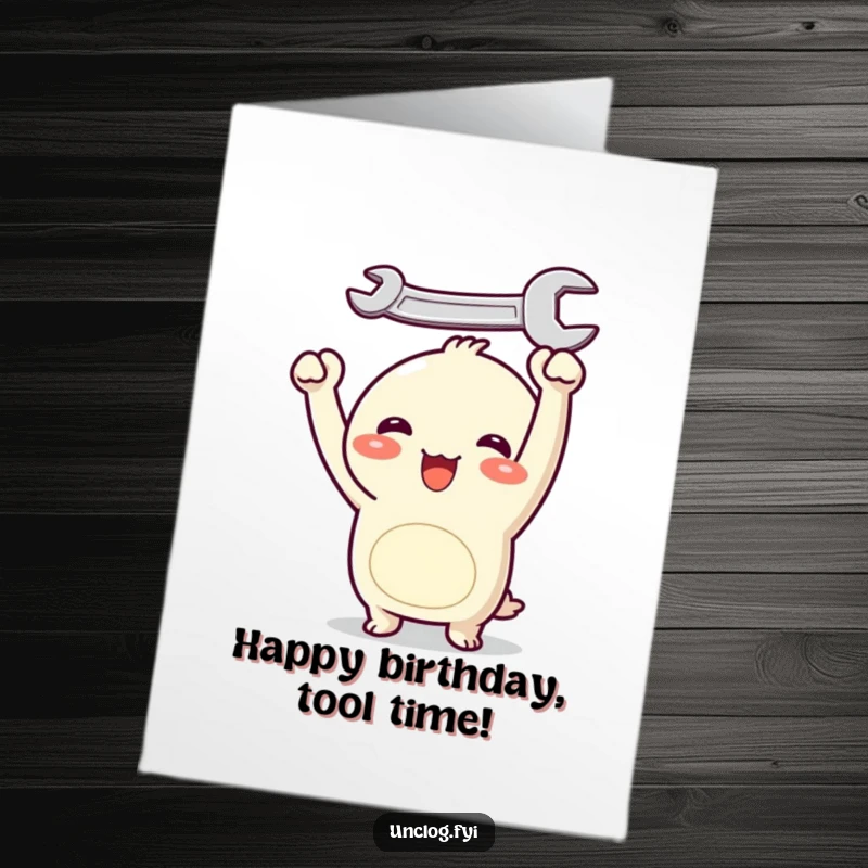 Funny free printable birthday card: Adorable Kawaii character with a big smile joyfully holding a large wrench overhead.