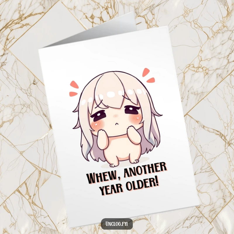 Funny Free Printable Birthday Card: Character wiping sweat from brow with a sigh of relief. Hilarious downloadable greeting.