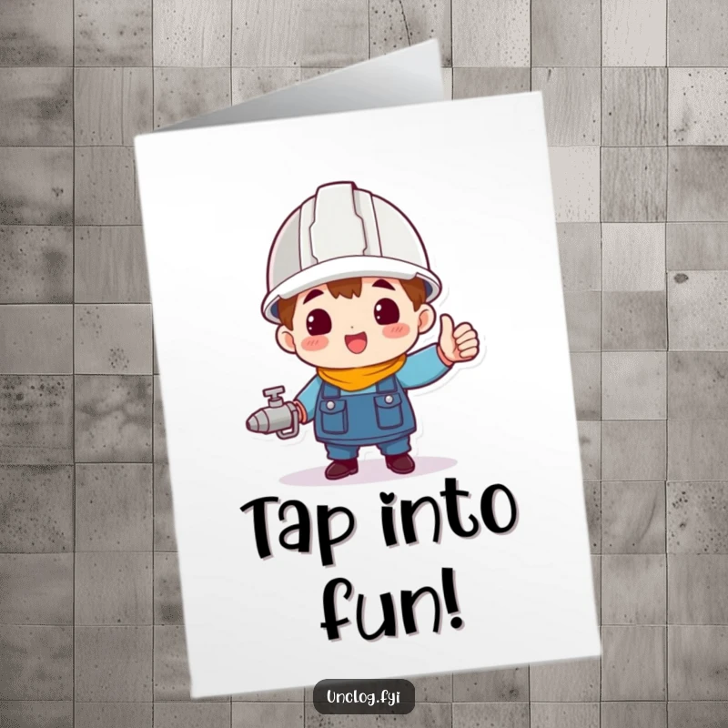 Funny Free Printable Birthday Card: A character in a hard hat triumphantly holds a spigot, celebrating completion.