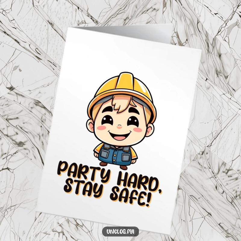 Funny Free Printable Birthday Card: Character with a cheeky grin, wearing a hard hat backwards, radiating playful confidence, downloadable.