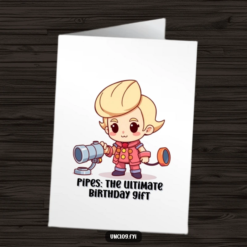 Funny Free Printable Birthday Card: Cheerful character proudly stands next to a sparkling new pipe, ready for a birthday surprise.