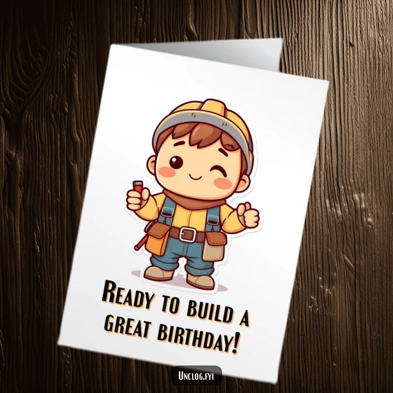 Funny Free Printable Kawaii Birthday Card, a smiling character in a tool belt, perfect for DIY enthusiasts and builders.