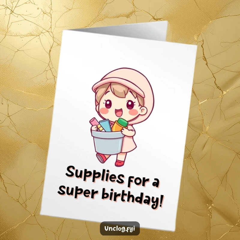 Funny Free Printable Kawaii Helper Birthday Card, character carrying bucket of supplies, ready to help, DIY gift.