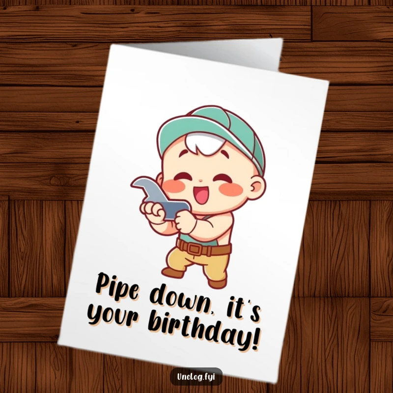 Funny Free Printable Kawaii Plumber Card, character enthusiastically tightening a pipe with a wrench, perfect DIY birthday gift.
