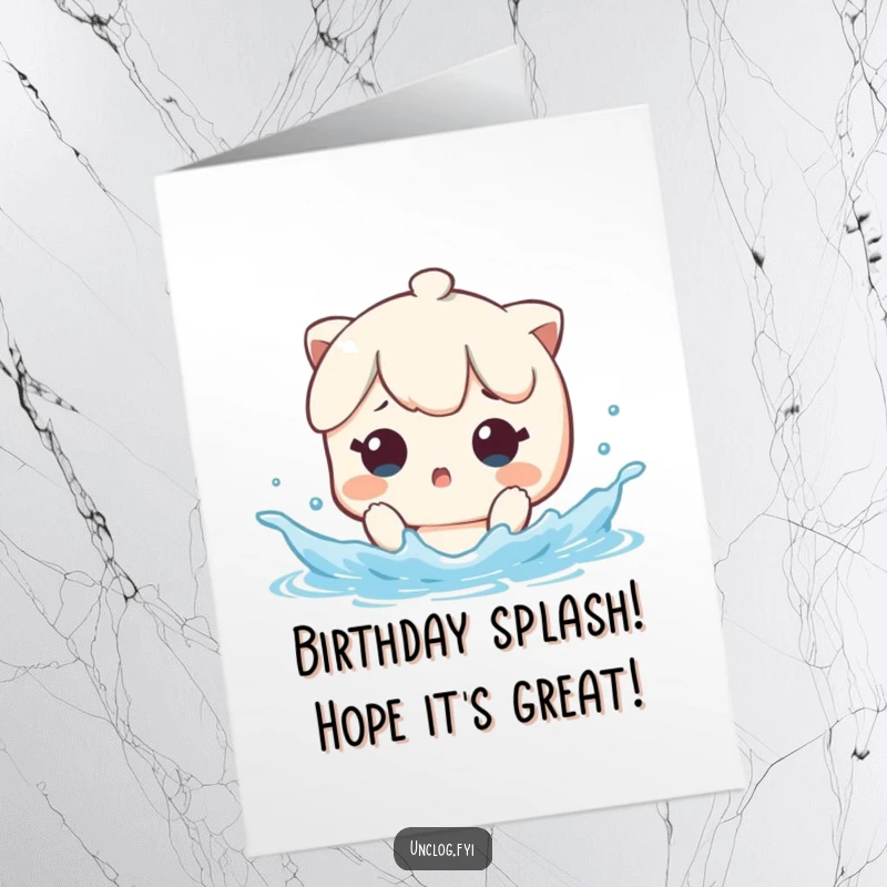 Funny Free Printable Kawaii Birthday Splash Card, character surprised by water splash, unexpected fun, DIY gift.