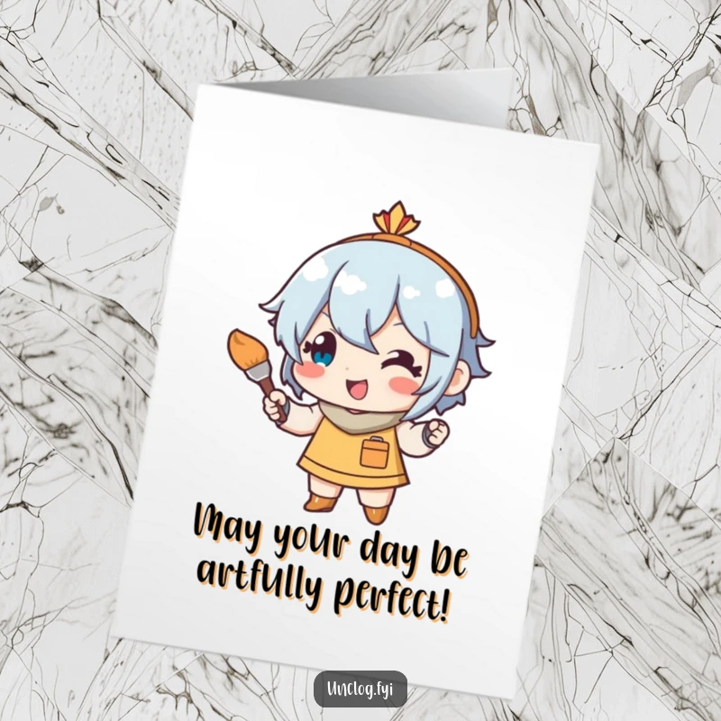 Funny free printable birthday card featuring a cheerful character with a tiny paintbrush, ready for artistic touch-ups. A DIY greeting.